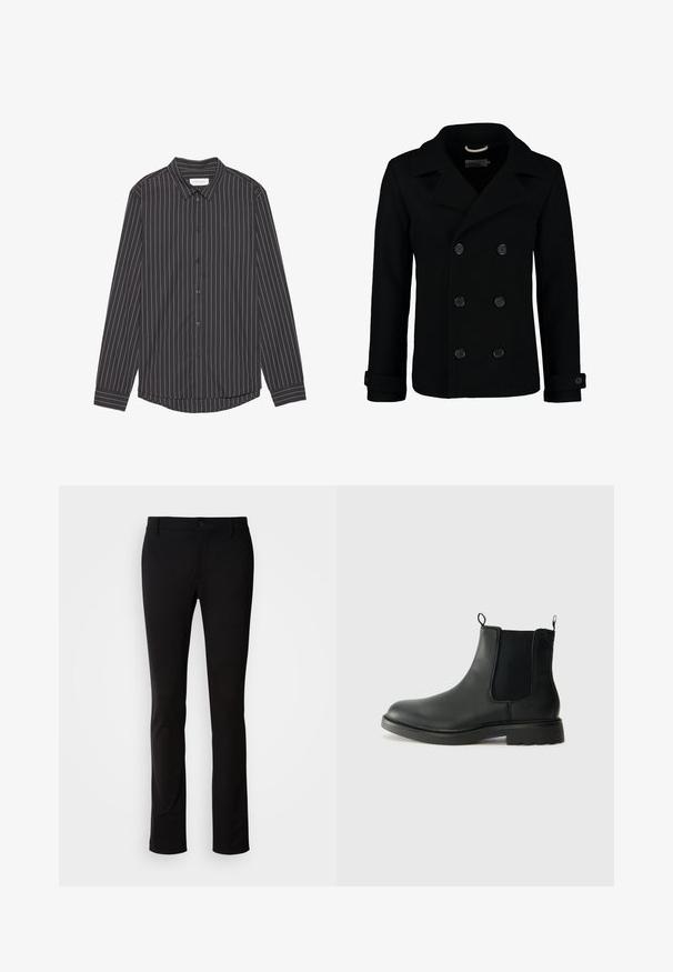 Svart dobbelspent pea-coat laget av ull, med hakelapp, store knapper og rullede mansjetter. Smooth tekstur med en skreddersydd passform.; Svart langermet skjorte med hvite vertikale striper, krage, knappelukking foran og buet kant. Laget av et glatt stoff.; Sorte bukser laget av glatt stoff, med knappelukking, beltehemper og rett ben-design. Ingen synlige mønstre eller detaljer.; Sorte skinn Chelsea-støvler med elastiske sidepaneler, hemper, rund tå og teksturert gummisåle. Glatt overflate og robust design.