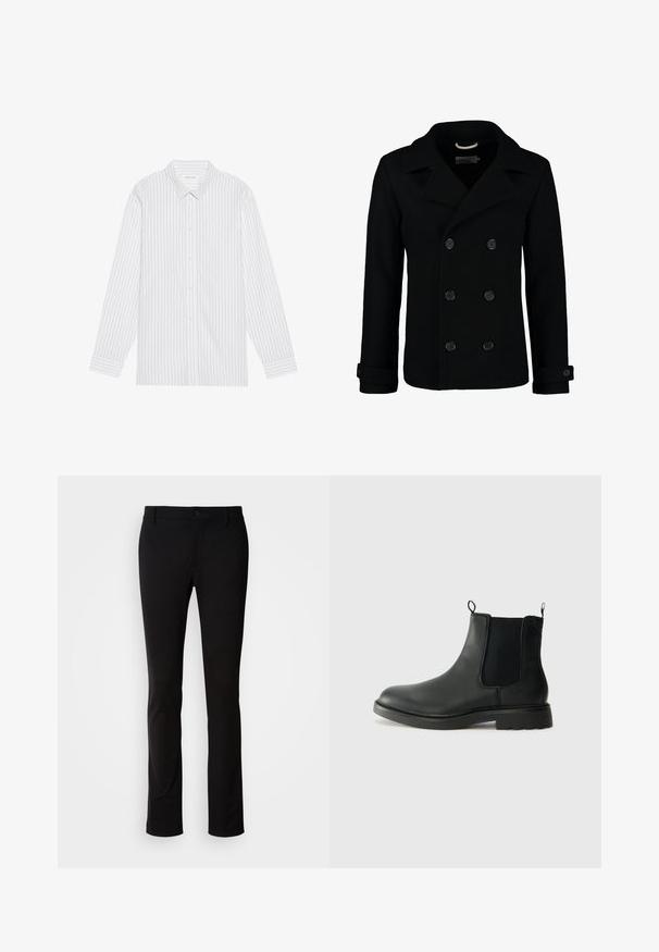 Svart dobbelspent pea-coat laget av ull, med hakelapp, store knapper og rullede mansjetter. Smooth tekstur med en skreddersydd passform.; Hvit skjorte med tynne svarte vertikale striper, med klassisk krage og lange ermer med knappede mansjetter.; Sorte bukser laget av glatt stoff, med knappelukking, beltehemper og rett ben-design. Ingen synlige mønstre eller detaljer.; Sorte skinn Chelsea-støvler med elastiske sidepaneler, hemper, rund tå og teksturert gummisåle. Glatt overflate og robust design.