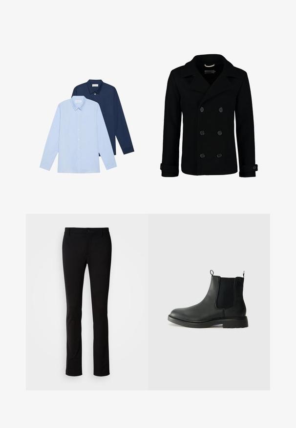 Czarny dwurzędowy płaszcz typu peacoat wykonany z wełny, z wyłamią kołnierzem, dużymi guzikami i podwiniętymi mankietami. Gładka tekstura z dopasowanym krojem.; Dwie koszule z długim rękawem: jedna jasnoniebieska, a druga granatowa. Obie mają zapięcia na guziki, kołnierzyki typu point oraz gładką fakturę materiału.; Czarne spodnie wykonane z gładkiego materiału, z zapięciem na guzik, paskiem i prostymi nogawkami. Brak widocznych wzorów lub akcentów.; Czarne skórzane botki typu chelsea z elastycznymi panelami bocznymi, uchwytami, okrągłym noskiem i teksturowaną gumową podeszwą. Gładka powierzchnia i solidna konstrukcja.