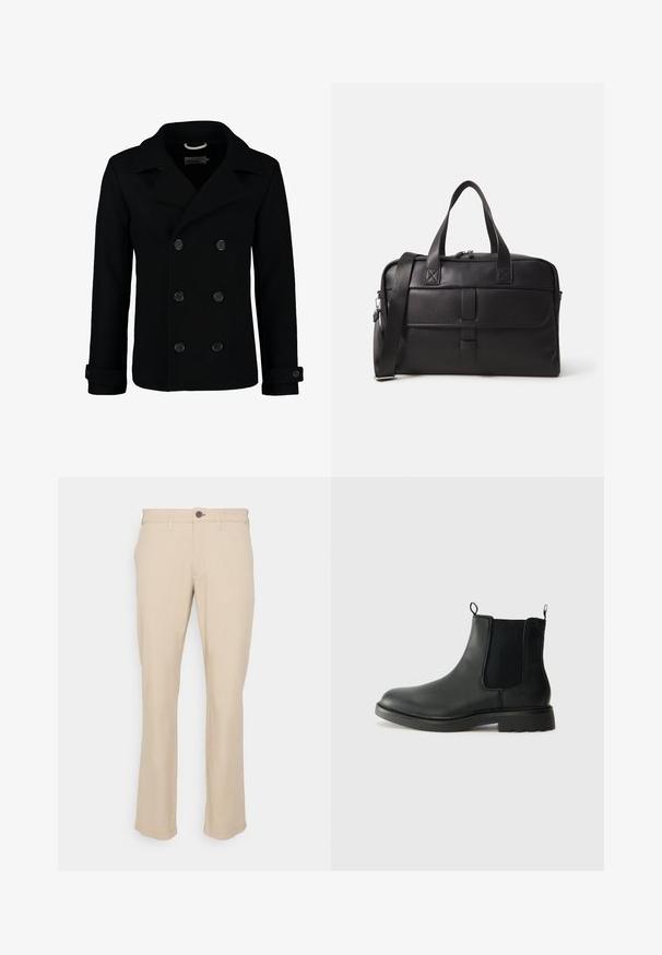 Musta kaksirivinen meriviitta, joka on valmistettu villasta. Siinä on viisto kaulus, isot napit ja käärityt hihansuut. Sen pinta on sileä ja se on muotoiltu istuvaksi.; Kolme crew neck t-paitaa valkoisena, vaaleanharmaana ja mustana. Valmistettu pehmeästä puuvillasta, jossa on lyhyet hihat ja rento malli.; Beige puuvillapantsit suoralla lahkeella, etutaskulla ja ruskealla nappikiinnityksellä. Sileä pinta ja vakiopitkä helma.; Mustat nahkaiset Chelsea-saappaat, joissa on joustavat sivupaneelit, vetolenkit, pyöristetyt varpaat ja teksturoitu kumipohja. Sileä pinta ja kestävä muotoilu.; Musta nahkainen viikonloppulaukku, jossa on kaksinkertaiset kahvat, säädettävä olkahihna, vetoketjut ja suorakulmainen muoto, jossa on tasainen pinta.