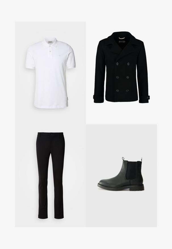 Sort dobbeltradet peacoat lavet af uld, med en klippet krave, store knapper og opsmøgede ærmer. Glat tekstur med en skræddersyet pasform.; Hvid bomuldspolo med klassisk krave, to-knaps placket og et lille broderet logo på brystet. Korte ærmer og lige kant.; Sorte bukser lavet af glat stof, med knaplukning, bæltestropper og lige bendesign. Ingen synlige mønstre eller accenter.; Sorte læder chelsea støvler med elastiske sidepaneler, trækflapper, rund tå og tekstureret gummisål. Glat overflade og robust design.