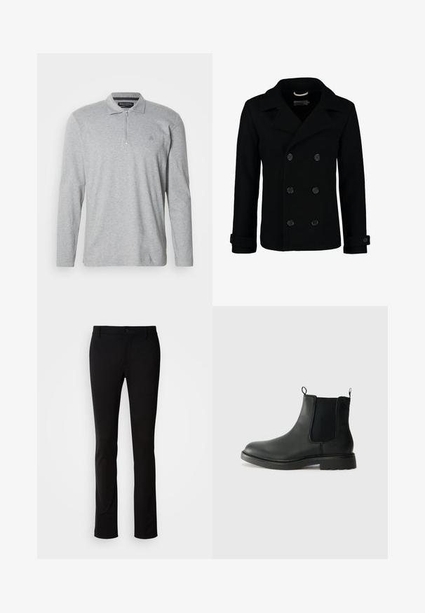 Black double-breasted peacoat made of wool, featuring a notched collar, large buttons, and rolled cuffs. Smooth texture with a tailored fit.; Gray long-sleeve polo shirt made of soft fabric, featuring a half zip closure, a classic collar, and a small logo on the chest.; Black trousers made of smooth fabric, featuring a button closure, belt loops, and a straight-leg design. No visible patterns or accents.; Black leather chelsea boots with elastic side panels, pull tabs, rounded toe, and textured rubber sole. Smooth surface and sturdy design.