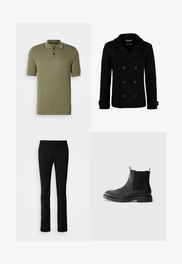 Black double-breasted peacoat made of wool, featuring a notched collar, large buttons, and rolled cuffs. Smooth texture with a tailored fit.; Olive green short-sleeve polo shirt with two black buttons and black trim along the collar edge.; Black trousers made of smooth fabric, featuring a button closure, belt loops, and a straight-leg design. No visible patterns or accents.; Black leather chelsea boots with elastic side panels, pull tabs, rounded toe, and textured rubber sole. Smooth surface and sturdy design.