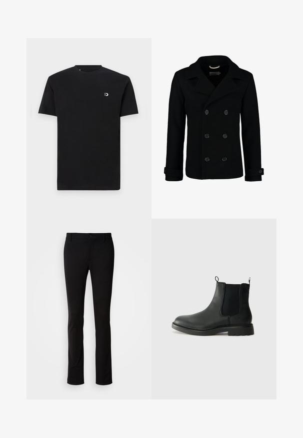 Palton negru dublu, din lână, cu guler cu vârfuri, nasturi mari și manșete rulate. Textură netedă cu o croială ajustată.; Tricou negru din bumbac cu mâneci scurte, decolteu rotund și un mic logo alb pe partea stângă a pieptului. Textură netedă, design simplu.; Pantaloni negri dintr-un material neted, cu închidere cu nasture, bucle pentru curea și croi drept. Fără modele sau accente vizibile.; Bocanci Chelsea din piele neagră, cu panouri laterale elastice, mânere de prindere, vârf rotunjit și talpă din cauciuc texturat. Suprafață netedă și design robust.