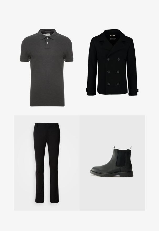 Juodas dvigubas vilnonis paltas su išpjovą, dideliais mygtukais ir sulenktais rankovėmis. Lygi tekstūra su pritaikytu siluetu.; Tamsiai pilkas polo marškinėliai su trumpomis rankovėmis, apykakle ir trimis mygtukais priekyje. Apykaklės viduje yra subtilus juostuotas raštas.; Juodos kelnės, pagamintos iš lygios medžiagos, su mygtukų uždarymu, diržo kilpomis ir tiesiomis kojomis. Nėra matomų raštų ar akcentų.; Juodos odinės Chelsea botai su elastingais šonų įdėklais, traukimo kilpomis, suapvalintu pirštu ir tekstūruotu guminio pado paviršiumi. Lygus paviršius ir tvirtas dizainas.