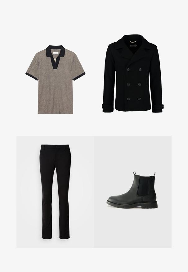 Černý dvouvrstvý peeling z vlny, s klopovým límcem, velkými knoflíky a ohrnutými manžetami. Hladký materiál s přizpůsobeným střihem.; Polo tričko s krátkým rukávem v texturovanu béžové látce s kontrastním černým límcem a légou. Má design ve tvaru V a vypasované rukávy.; Černé kalhoty vyrobené z hladkého materiálu, s knoflíkovým zapínáním, poutky na opasek a rovnými nohavicemi. Bez viditelných vzorů nebo akcentů.; Černé kožené chelsea boty s elastickými bočními panely, poutky na patě, kulatou špičkou a strukturovanou gumovou podrážkou. Hladký povrch a robustní design.