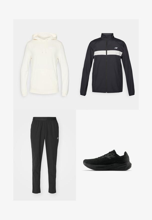 Čierny vetrovka s predným zipsom, vysokým golierom a bielym vodorovným pruhom cez hruď. Obsahuje logo New Balance.; Krémová mikina vyrobená z jemnej látky, s klokaním vreckom, dlhými rukávmi a bielym logom na hrudi.; Čierne športové nohavice vyrobené z ľahkého materiálu, s elastickým pásom, zúženým strihom a diskrétnym logom na boku.; Čierne športové topánky s textúrovaným zvrškom, ktoré majú elegantný dizajn, šnurovanie a hrubšiu podrážku s dezénom pre lepšiu priľnavosť.
