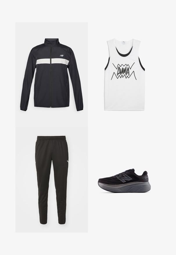 Črna vetrovka z zadrgo spredaj, visokim ovratnikom in belim vodoravnim pasom čez prsa. Ima logotip New Balance.; Bela brezrokavna majica s črnimi poudarki, ki vsebuje izrazit črn grafični napis "PUMA" na sredini z zigzag obliko.; Črne atletske trenerke z elastičnim pasom, zoženimi hlačnicami in majhnim belim logotipom na levem boku. Gladek, lahek material.; Črne športne čevlje z teksturiranim zgornjim delom, ojačano peto in debelim sivim podplatom. Imajo izrazit logotip "N".