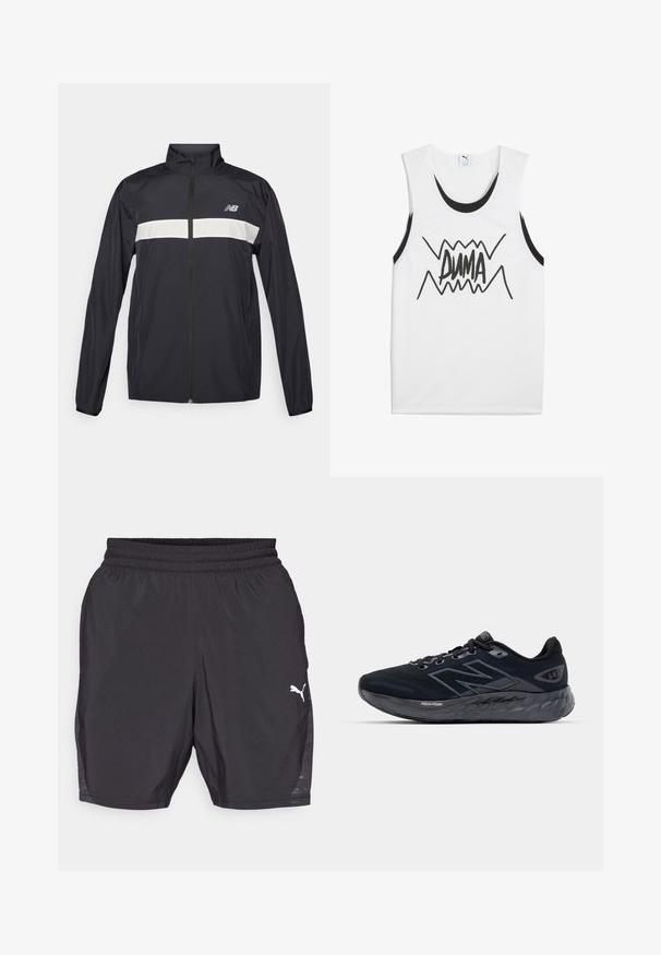 Juodas vėjyje atsparus švarkas su priekiniais užtrauktukais, aukštu apykakle ir baltu horizontaliu dryžiu per krūtinę. Papuoštas "New Balance" logotipu.; Balti be rankovių marškinėliai su juodais akcentais, turintys ryškų juodą "PUMA" grafiką per centrą su zigzago dizainu.; Juodos sportinės šortai, pagaminti iš lengvo audinio, su elastingu juosmeniu ir maža balta logotipo etikete dešinėje apačioje.; Juoda tinklinė bėgimo avalynė vyrams su storesniu pilku padu, apvalia tekstūra ir atspindinčiais akcentais. Šone yra "New Balance" logo.