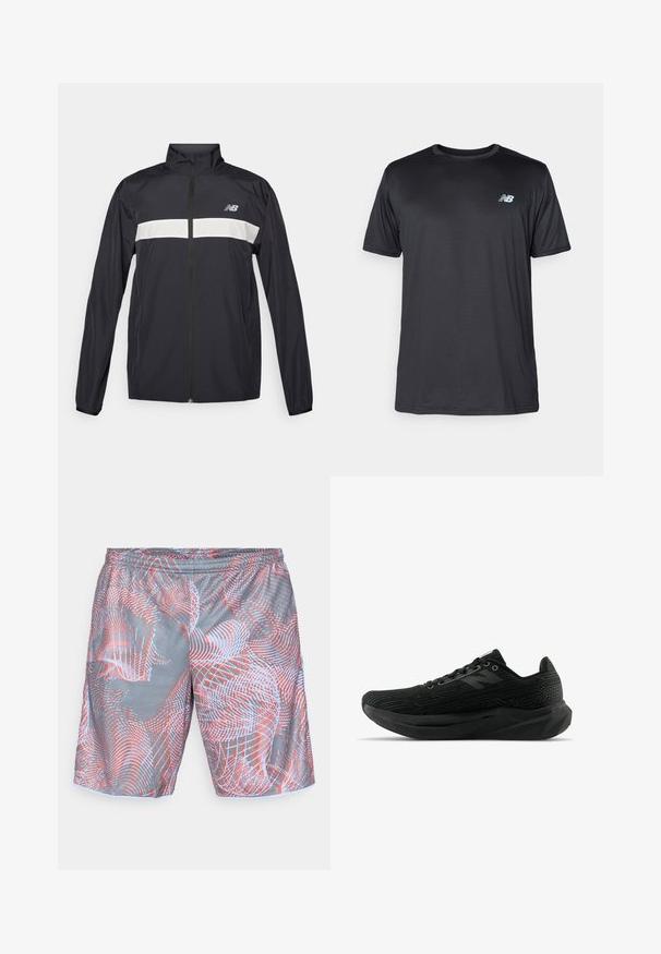 Czarna kurtka przeciwdeszczowa z zamkiem błyskawicznym z przodu, wysokim kołnierzem i białym poziomym paskiem na klatce piersiowej. Posiada logo New Balance.; New Balance - Koszulka sportowa; Szare spodenki sportowe z elastycznym paskiem w talii, ozdobione abstrakcyjnym wzorem w czerwone i jasnoniebieskie krzywe linie oraz kropki.; Czarny but sportowy z teksturowaną cholewką, o smukłej sylwetce, z sznurówkami i grubszą podeszwą z bieżnikiem, zapewniającą lepszą przyczepność.