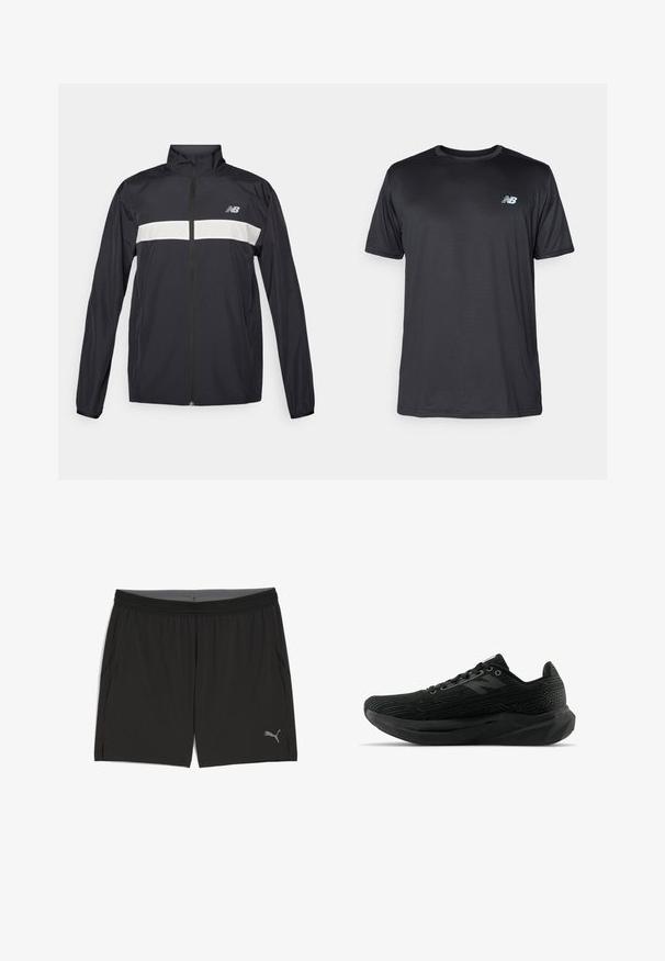 Schwarze Windjacke mit einem Reißverschluss auf der Vorderseite, hohem Kragen und einem weißen horizontalen Streifen über der Brust. Mit dem New Balance Logo.; New Balance Sport T-Shirt - black; Schwarze Sportshorts aus leichtem Stoff. Sie verfügen über einen elastischen Bund, Seitentaschen und ein dezentes graues Logo an der unteren Vorderseite.; Schwarzer Sportschuh mit strukturiertem Obermaterial, sportlichem Design, Schnürverschluss und einer dickeren profilierte Sohle für besseren Halt.