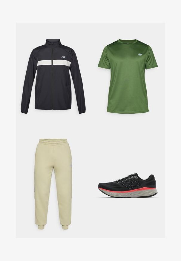 Črna vetrovka z zadrgo spredaj, visokim ovratnikom in belim vodoravnim pasom čez prsa. Ima logotip New Balance.; New Balance Športne majice - dark alpine green; Svetlo zelene trenirke z mehko teksturo, elastičnim pasom in manšetami na gležnjih. Majhna logotipna podrobnost na strani.; Črne tekaške čevlje z mrežastim zgornjim delom, okrašene s roza srednjim delom podplata in sivo podplatom. Imajo teksturirane podrobnosti in prilagodljivo zasnovo podplata.