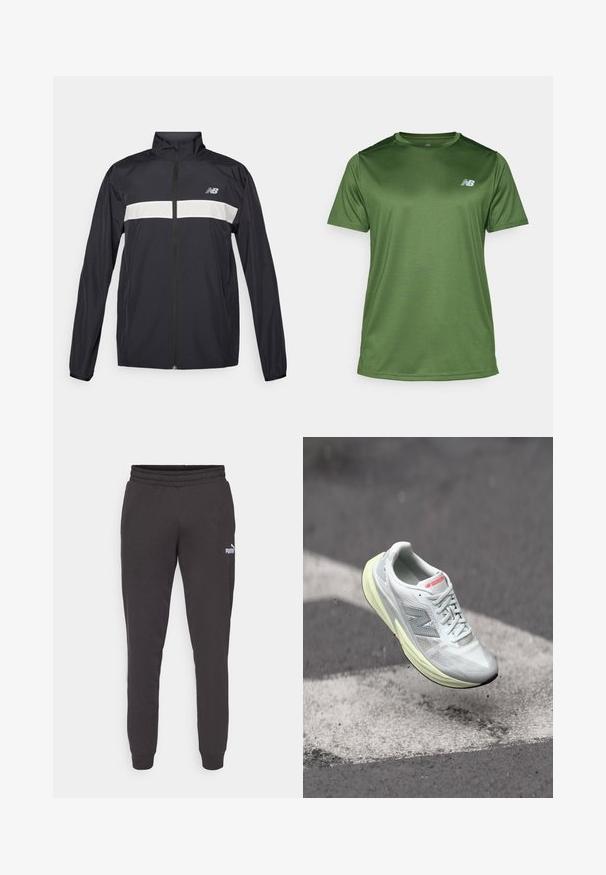 Casaco corta-vento preto com fecho frontal, gola alta e faixa horizontal branca no peito. Apresenta o logotipo da New Balance.; New Balance T-shirt desportiva - dark alpine green; Calças de treino cinza-escuras com cintura elástica, pernas ajustadas e um pequeno logótipo branco da Puma na coxa esquerda. Material macio em mistura de algodão.; Shoe de corrida leve com um cabedal em malha branca, entressola amarela e detalhes cinzentos. Apresenta um proeminente logotipo ‘N’ e uma superfície texturizada.