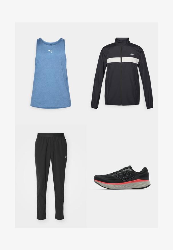 Black windbreaker jacket with a front zipper, high collar, and white horizontal stripe across the chest. Features the New Balance logo.; Blue athletic tank top made of lightweight fabric. Features a round neckline, sleeveless design, and a small white logo on the front.; Black athletic pants made of lightweight material with an elastic waistband, tapered design, and subtle logo detail on the side.; Black running shoe with mesh upper, accented by a pink midsole stripe and grey outsole. Features textured details and a flexible sole design.