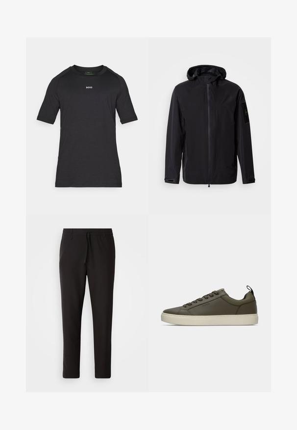 Casaco impermeável preto com fecho de correr frontal, capuz e punhos ajustáveis. Apresenta bolsos laterais e um emblema com logótipo na manga.; T-shirt preta de mangas curtas, feita de material suave, com decote redondo e um logo simples "BOSS" em branco no peito.; Calças de jogging pretas feitas de tecido liso. Apresentam uma cintura elástica com cordão, pernas ligeiramente ajustadas e sem bolsos visíveis. Design simples.; Sapatilha verde oliva com textura suave, apresentando uma sola de borracha, atacadores escuros e uma alça preta na parte de trás.