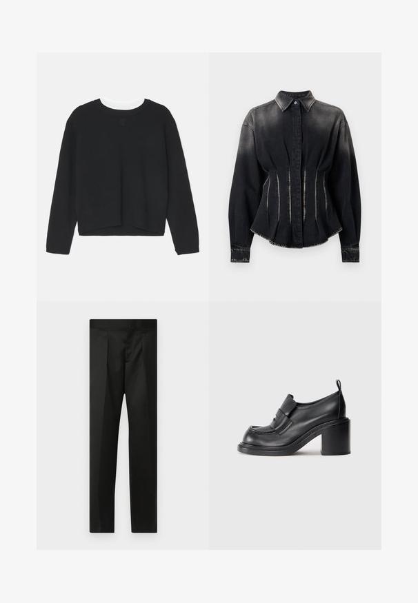 Black denim jacket with a fitted design, high collar, and two front seams. Features button closure and long sleeves with cuff detailing.; Black sweatshirt with long sleeves, crew neckline, and a slightly cropped hem. Made of soft fabric, featuring a subtle logo detail on the front.; Black trousers featuring a smooth fabric, tailored design, straight legs, and a flat waistband with no visible closures or pockets.; Black leather heeled shoes featuring a round toe, prominent band across the vamp, and a chunky heel design. Smooth texture with minimal stitching.
