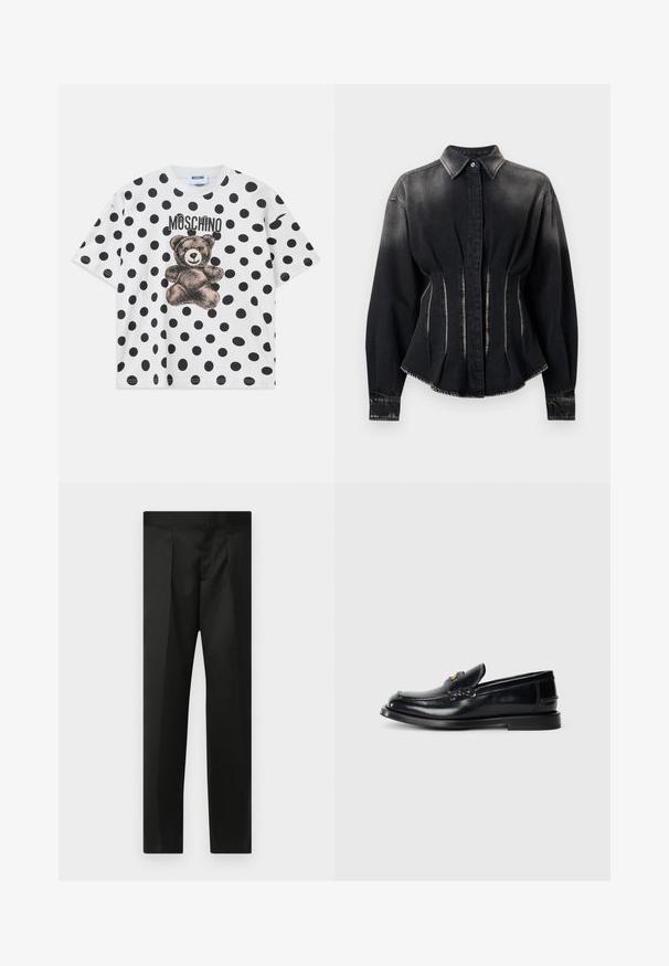 Sort denimjakke med tætsiddende design, høj krave og to frontsyninger. Har knaplukning og lange ærmer med manchetter.; Hvid bomulds-T-shirt med sort prikket mønster, en bjørnegrafik og "Moschino" tekst i sort ovenfor designet. Kortærmet.; Sorte bukser med en glat stof, skræddersyet design, lige ben og en flad talje uden synlige lukninger eller lommer.; Sort læderloafers med stikninger, lille forsideklap og flad gummisål. Glat overflade med hardware i guldtoner.
