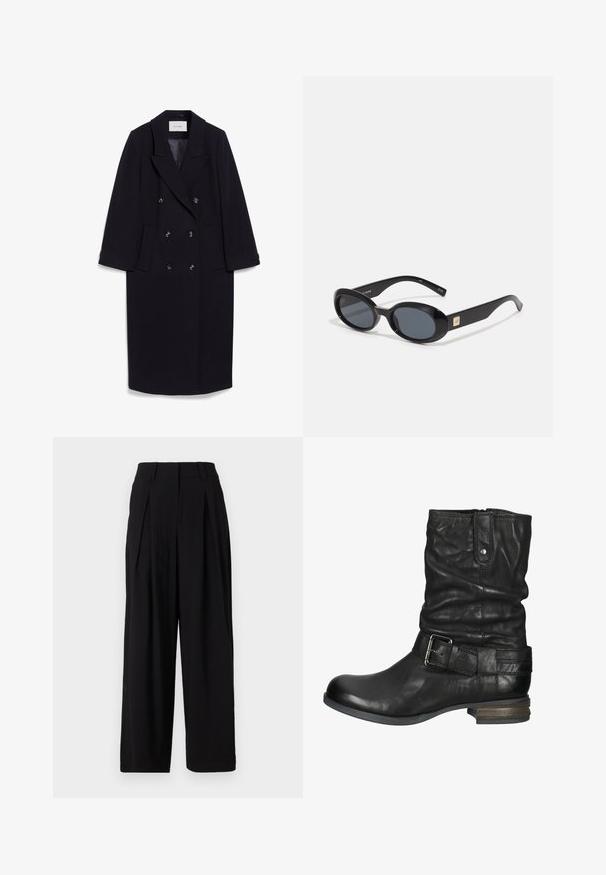 Granatowy płaszcz podwójnie zapinany wykonany z mieszanki wełny, z szerokimi klapami, czterema kieszeniami z przodu oraz trzema czarnymi guzikami na froncie.; Granatowy sweter z dekoltem w serek, długimi rękawami oraz prążkowanymi mankietami i dołem. Dzianinowa faktura, luźny krój. W zestawieniu z niebieskimi dżinsami.; Biała bawełniana koszulka z krótkim rękawem, okrągłym dekoltem i gładką fakturą. Tył jest gładki, bez dodatkowych wzorów czy zdobień.; Czarne szerokie spodnie z gładkiego materiału, z wysokim stanem, plisami z przodu i luźną sylwetką.; Czarne skórzane botki za kostkę o luźnym fasonie, z detalem klamry na pasku, okrągłym noskiem i niskim, podniesionym obcasem.; Czarne owalne okulary przeciwsłoneczne z ciemnymi soczewkami, błyszcząca plastikowa oprawka, szerokie zauszniki i mały złoty akcent z jednej strony.