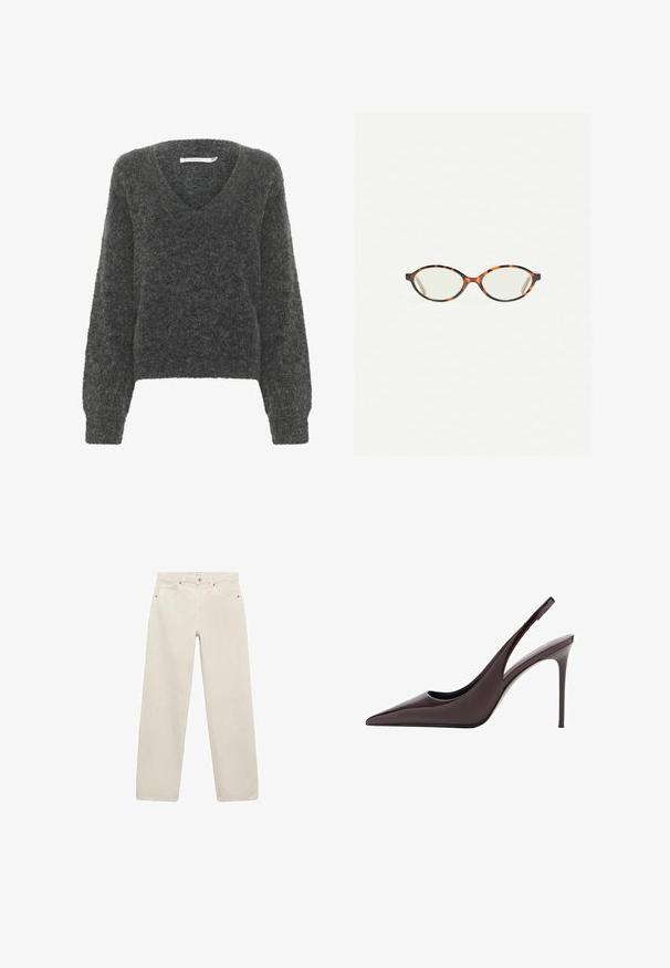 Navy double-breasted coat made of wool blend, featuring wide lapels, four front pockets, and three black buttons on the front.; Gray, fluffy sweater with a V-neck, drop shoulders, and long sleeves. Textured fabric adds depth, creating a cozy appearance.; Beige, wide-leg jeans made of cotton. Features a classic five-pocket design with front button and zipper closure. Smooth texture, no patterns.; Burgundy patent leather high-heeled slingback pump with a pointed toe and slim stiletto heel. Smooth texture and minimalistic design.; Tortoiseshell eyeglasses with oval lenses and a sleek, smooth finish. Features thin sides with a subtle curve at the temples. Clear lenses.; Black leather gloves with three distinct finger sections, button closure, and a textured inner lining for added warmth.