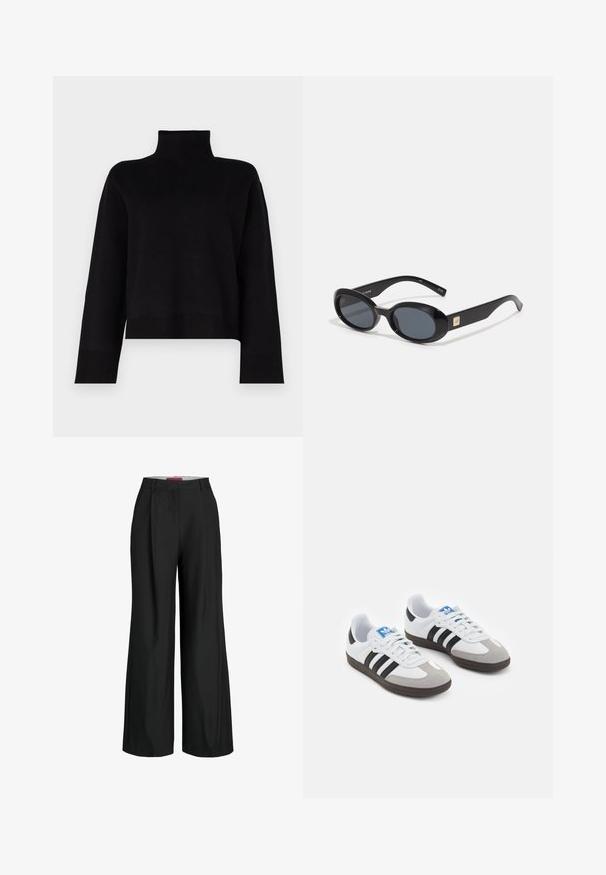 Marineblauw dubbelbreasted jasje van een wolmix, met brede revers, vier voorzakken en drie zwarte knopen aan de voorkant.; Zwarte, cropped trui met hoge hals gemaakt van een zachte breistof. Heeft lange mouwen en geribbelde accenten bij de manchetten en de zoom.; Zwarte wijde broek met een tailored design, met plooien en een gladde stoftextuur. Strakke lijnen en geen zichtbare hardware of accenten.; Sportschoenen met een witte leren bovenkant, grijze suède neus en drie zwarte strepen. Bevat een blauw logo op de tong en een gestructureerde rubberen zool.; Zwarte ovale zonnebril met donkere lenzen, glanzend kunststof frame, brede zijkanten en een kleine gouden accent aan de zijkant.