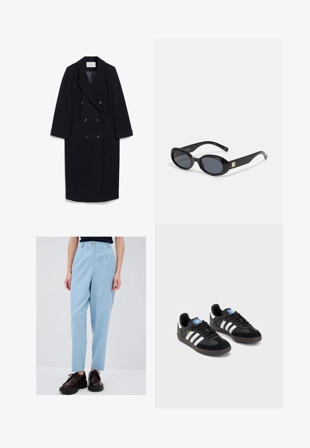 Cappotto navy a doppio petto realizzato in misto lana, con ampi revers, quattro tasche frontali e tre bottoni neri sul davanti.; Maglietta bianca in cotone con maniche corte, collo rotondo e tessuto liscio. Il retro è semplice, senza motivi o disegni aggiuntivi.; Pantaloni su misura azzurri chiari con pieghe, dotati di chiusura con bottone e tasche. Abbinati a scarpe scure con lacci e a un top scuro.; Sneakers neri con tomaia in suede e materiale sintetico, caratterizzati da tre strisce bianche, suola in gomma testurizzata e etichetta blu sul linguetta.; Occhiali da sole ovali neri con lenti scure, montatura in plastica lucida, aste larghe e un piccolo accent in oro su un lato.