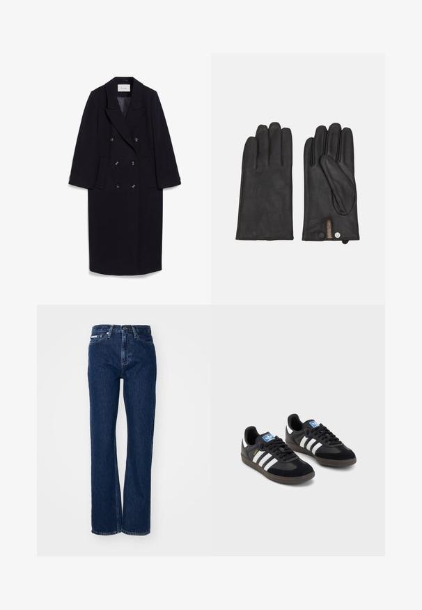 Marinblå dubbelknäppt kappa i ullblandning, med breda slag, fyra framfickor och tre svarta knappar framtill.; Vit t-shirt med kort ärm i bomull. Har en rundad halsringning och en avslappnad passform. Slät textur utan synliga mönster eller detaljer.; Mörkblå denimjeans med raka ben, knappstängning och fem fickor. Tyget har en mild struktur med subtila sömnadsdetaljer.; Svarta sneakers med övre del av mocka och syntetmaterial, med tre vita ränder, texturerad gummisula och blå logotags på tungan.; Svarta läderhandskar med tre distinkta fingersektioner, knappstängning och ett texturerat innerfoder för ökad värme.