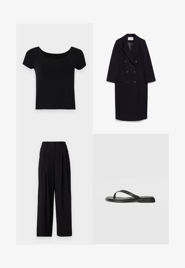 Navy double-breasted coat made of wool blend, featuring wide lapels, four front pockets, and three black buttons on the front.; Black short-sleeve t-shirt with a wide scoop neckline, made from a soft, stretchy fabric, featuring a fitted cut and no additional patterns.; Black wide-leg trousers made of smooth fabric, featuring a high waistband, pleats at the front, and a flowing silhouette.; Black flip-flop made of smooth leather, featuring a thin strap design and a flat sole with a minimal profile. No notable patterns or accents.