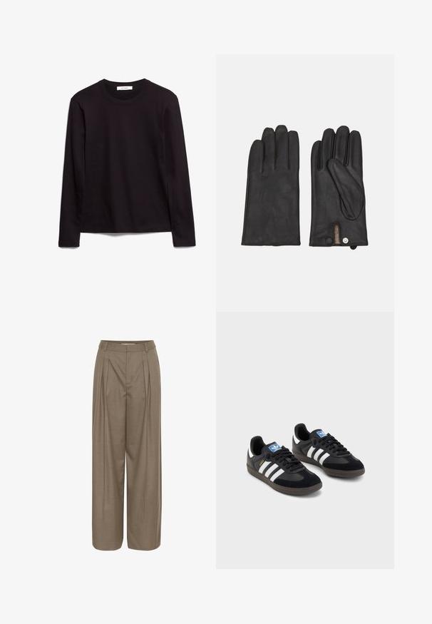 Jūras spēku divkrūšu mētelis, izgatavots no vilnas maisījuma, ar platām atlokiem, četriem priekšējiem kabatām un trim melniem pogām priekšpusē.; Melnas garām piedurknēm T-krekls ar apaļu kakla izgriezumu, izgatavots no teksturēta auduma, ar taisnu apakšmalu un izšūti akcenti uz apkakles un pleciem.; Plīsēti platleģingi bikses no gaisma brūnas auduma, ar strukturētu jostasvietu un gludu tekstūru, paredzētas komfortam un daudzpusībai.; Melnas sporta apavas ar zamšādas un sintētisku augšdaļu, ar trim baltām svītrām, teksturētu gumijas zoli un zilu logo birku uz mēles.; Melnu ādas cimdu ar trim atsevišķām pirkstu sekcijām, pogu aizdari un teksturētu iekšējo oderi papildu siltumam.