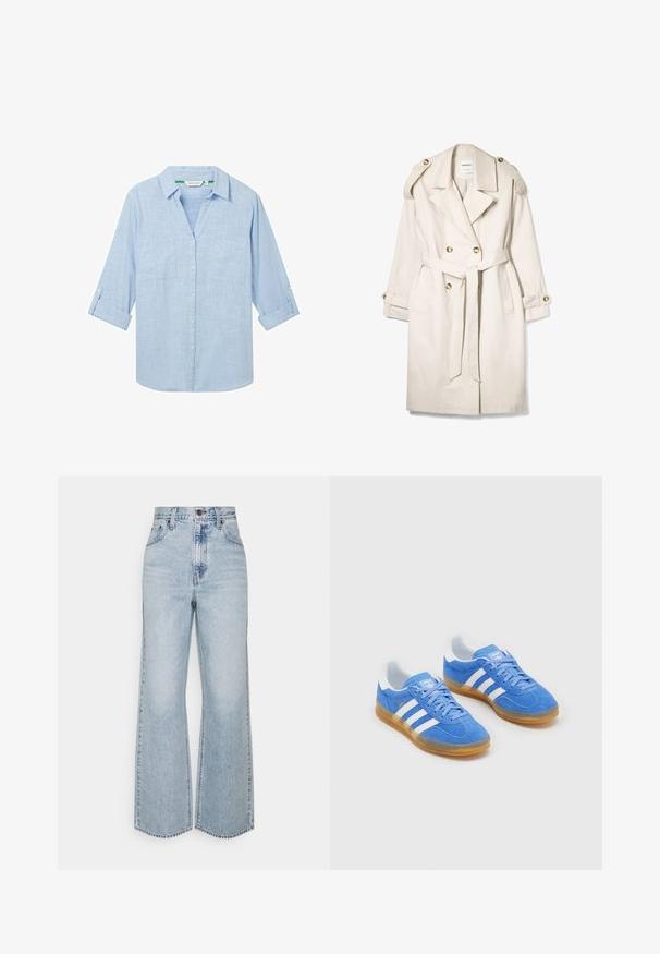 Beżowy płaszcz trench podwójnie zapinany na guziki z paskiem, zapinanymi ramiączkami i mankietami na guziki, ułożony na białym tle.; Przesadnie dużych, jasnobeżowy hoodie z teksturowanym graficznym napisem "ASPEN COLORADO", z motywami górskimi i kapturem ze sznurkiem.; Jasnoniebieska koszula z długim rękawem wykonana z teksturowanej tkaniny. Posiada dwie kieszenie na piersi oraz rękawy, które można podwinąć i zabezpieczyć klapkami. Zapięcie na guziki z przodu.; Jasnoniebieskie dżinsy o szerokich nogawkach z wysokim stanem, klasycznym pięciopocketowym krojem i kontrastowym przeszyciem. Surowe wykończenie u dołu.; Niebieskie zamszowe buty sportowe z białymi paskami, gumową podeszwą i wyściełanym kołnierzem dla większego komfortu. Posiadają klasyczny sznurowany design.
