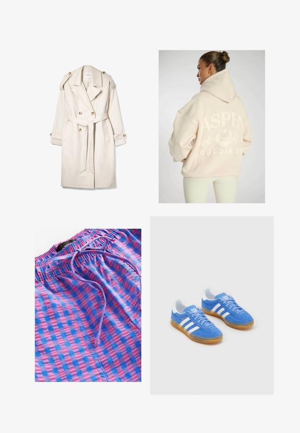 Beżowy płaszcz trench podwójnie zapinany na guziki z paskiem, zapinanymi ramiączkami i mankietami na guziki, ułożony na białym tle.; Przesadnie dużych, jasnobeżowy hoodie z teksturowanym graficznym napisem "ASPEN COLORADO", z motywami górskimi i kapturem ze sznurkiem.; Next PULL ON GINGHAM niebieski; Niebieskie zamszowe buty sportowe z białymi paskami, gumową podeszwą i wyściełanym kołnierzem dla większego komfortu. Posiadają klasyczny sznurowany design.