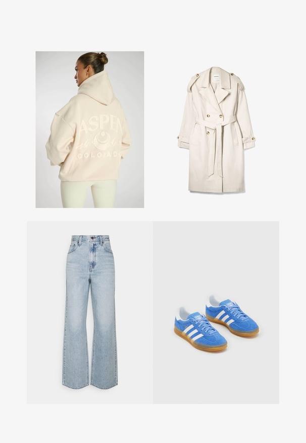 Trench coat beige doppiopetto con cintura, spalline con bottoni e polsini abbottonati, disteso su uno sfondo bianco.; Felpa over-size beige chiaro con una grafica testurizzata "ASPEN COLORADO", caratterizzata da design di montagne e cappuccio con cordino.; Jeans a gamba larga in denim azzurro chiaro con vita alta, design classico a cinque tasche e cuciture a contrasto. Dettaglio con orlo grezzo sul fondo.; Scarpe sportive blu in suede con dettagli bianchi a strisce, suola in gomma e colletto imbottito per il comfort. Presentano un classico design con lacci.