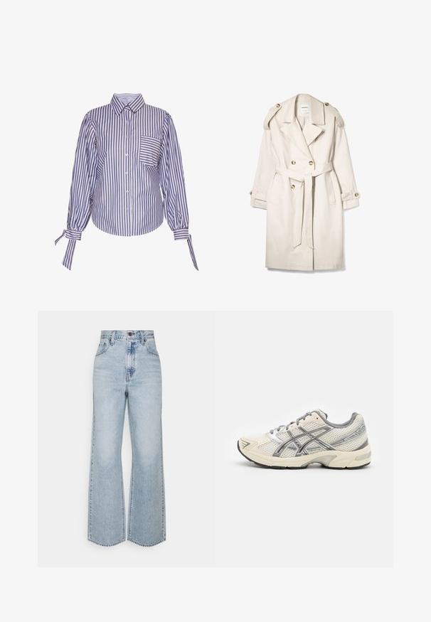 Beige dubbelzijdige trenchcoat met een riem, knoopbare schouderbanden en knoopbare manchetten, plat neergelegd op een witte achtergrond.; Blauw-witte gestreepte blouse met een kraag, lange pofmouwen en een borstzak. De stof heeft een soepele textuur.; Lichtblauwe denim broek met wijde pijpen, hoge taille, klassiek vijfzakkenontwerp en contrasterende stiksels. Rauwe zoom aan de onderkant.; Hardloopschoenen met een ademend wit mesh bovenwerk, zilveren accenten, grijze veters en een duurzame zwarte rubberen zool. Lichtgewicht, gevoerd ontwerp.