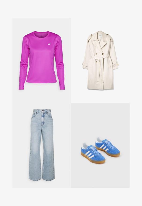 Béžový dvouřadový trenčkot s pásem, zapínacími ramenními popruhy a zapínacími manžetami, položený na bílé pozadí.; ASICS CORE TOP - Top s dlouhým rukávem - bold magenta; Světle modré džíny s širokými nohavicemi, vysokým pasem, klasickým designem s pěti kapsami a kontrastním prošíváním. Na spodním okraji je detail s obřezaným lemem.; Modré semišové sportovní boty s bílými pruhovanými akcenty, gumovou podrážkou a polstrovaným límcem pro pohodlí. Obsahují klasický design na šněrování.