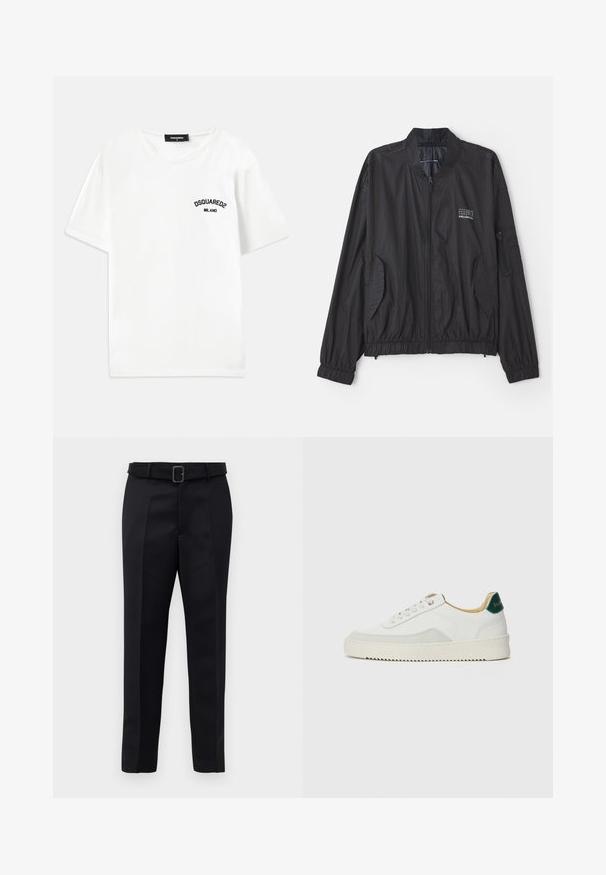 Chaqueta bomber ligera negra con cuello alto, puños elásticos y dos bolsillos frontales. Cuenta con cierre de cremallera y un detalle sutil del logo.; Camiseta blanca de algodón con cuello redondo, mangas cortas y un logo bordado en negro que dice "DSQUARED2 MILANO" en el lado izquierdo del pecho.; Los pantalones negros de corte ajustado presentan un tejido suave, un corte recto y una cintura con cinturón y hebilla rectangular. Las pliegues frontales notables realzan el diseño.; Zapatilla blanca con acentos de ante, puntera redondeada, cordones planos y suela de goma color crema. Presenta un logo verde en el talón.