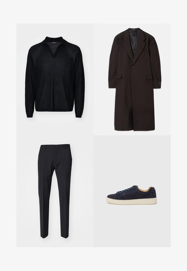 Ilgas rudas paltas su apykakle, vieno mygtuko užsegimu ir šoninėmis kišenėmis. Yra sklandus vidinis pamušalas ir pritaikyti rankovės su mygtuko akcentais.; Juodas megztinis su V formos iškirpte, su juostuotu tekstūru, ilgomis rankovėmis ir kontrastinga apykakle. Lygi, lengva medžiaga.; Tamsiai mėlyni aptempti kelnių. Pagaminti iš lygaus, tekstūruoto audinio, su plokščiu priekiu, diržo kilpomis ir šoninėmis kišenėmis.; Jūros laivyno zomšiniai žemakulniai sportbačiai su apvaliu nosiu, šviesiai balta guma sole ir atitinkančiomis raištelėmis; turi kontrastingą tan spalvos vidinę pamušalą.