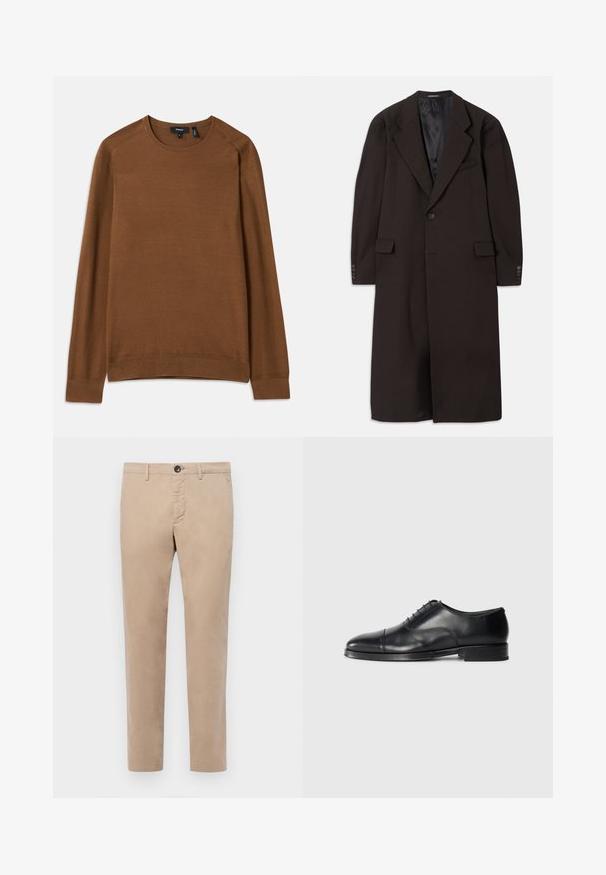 Manteau long marron avec un col à revers, fermeture par un seul bouton et poches latérales. Présente une doublure intérieure lisse et des manches ajustées avec des accents de boutons.; Pull en maille marron avec un col rond, des manches raglan longues et un motif texturé. Il est doté de poignets et d'un ourlet côtelés pour un look ajusté.; Pantalons en coton beige au design droit, avec une fermeture éclair, un bouton et des poches latérales. Texture lisse et coupe ajustée.; Chaussure habillée en cuir noir avec un bout arrondi, une texture lisse, un design à lacets et un détail de couture subtil, dotée d'un petit talon plat.