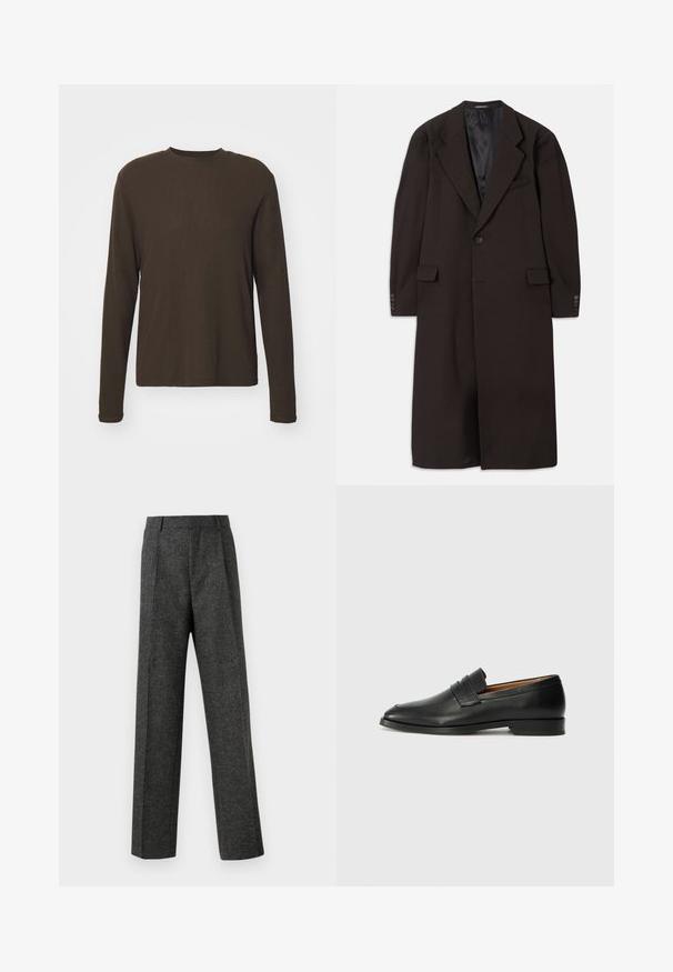 Langer brauner Mantel mit Reverskragen, einreihigem Knopfverschluss und seitlichen Taschen. Verfügt über ein glattes Innenfutter und taillierte Ärmel mit Knopfakzenten.; Langärmliges T-Shirt mit Rundhalsausschnitt in Dunkelbraun. Hergestellt aus einem glatten, elastischen Stoff mit geradem Schnitt und minimalen Nähten. Keine Muster oder Akzente.; Graue maßgeschneiderte Hose aus strukturiertem Stoff, mit zwei vorderen Falten und geradem Bein. Keine sichtbaren Taschen oder Verzierungen.; Schwarze Leder-Slipper mit runder Zehenform, dezenten gestickten Details und niedrigem Absatz, ausgestattet mit glatter Textur und minimalistischem Design.