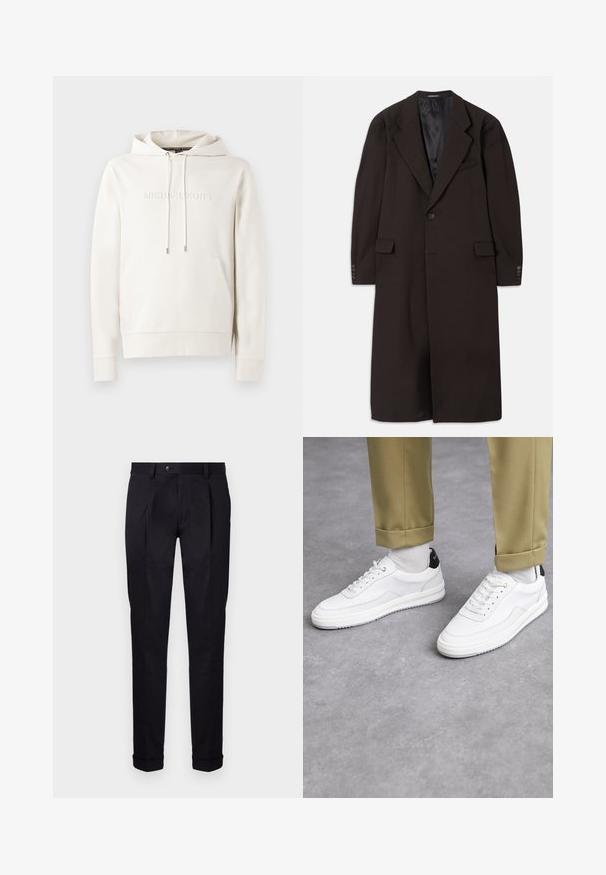Cappotto lungo marrone con colletto a revers, chiusura con un bottone e tasche laterali. Presenta una fodera interna liscia e maniche su misura con dettagli di bottoni.; Felpa bianca con cappuccio dotata di tasca frontale, coulisse e logo in rilievo. Realizzata in tessuto morbido con polsini e orlo a coste. Design minimalista.; Pantaloni neri su misura realizzati in tessuto liscio, con fronte piatto, due pieghe frontali e orli con risvolto per un aspetto pulito e strutturato.; Sneaker bianchi con finitura in pelle testurizzata, punta arrotondata e accentuazione nera sul tallone. Suola in gomma con piccolo motivo di battistrada e dettagli cuciti.