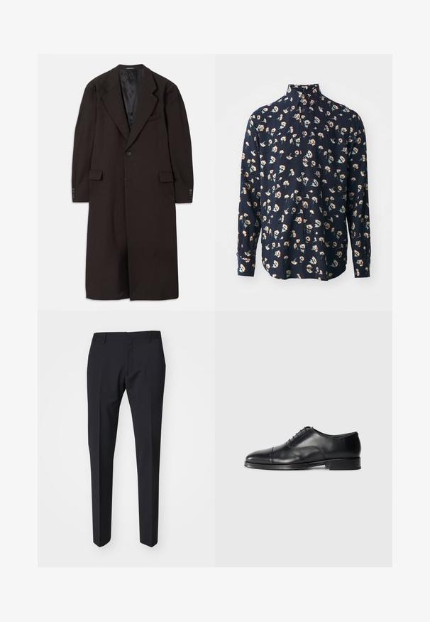 Long brown coat with a lapel collar, single button closure, and side pockets. Features a smooth inner lining and tailored sleeves with button accents.; Paul Smith REGULAR FIT SHIRT - Shirt - black; Dark navy trousers with a slim fit. Made from smooth, textured fabric, featuring a flat front, belt loops, and side pockets.; Black leather dress shoe with a rounded toe, smooth texture, lace-up design, and a subtle seam detail, featuring a low, flat heel.