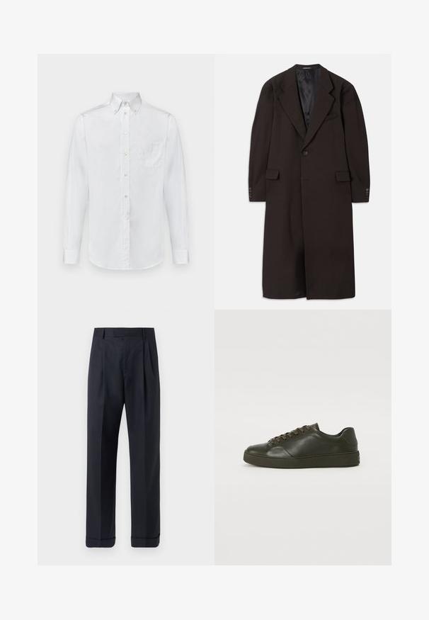 Langer brauner Mantel mit Reverskragen, einreihigem Knopfverschluss und seitlichen Taschen. Verfügt über ein glattes Innenfutter und taillierte Ärmel mit Knopfakzenten.; Weißes Langarmhemd aus Baumwolle mit einem Button-Down-Kragen, einer einzelnen Brusttasche und einer glatten Textur.; Tiger of Sweden TREYTON - Stoffhose - dark ink; Dunkelgrüner Ledersneaker mit braunen Schnürsenkeln, abgerundeter Zehenpartie und einer strukturierten Gummisohle. Glatte Oberfläche mit minimalen Nähten.