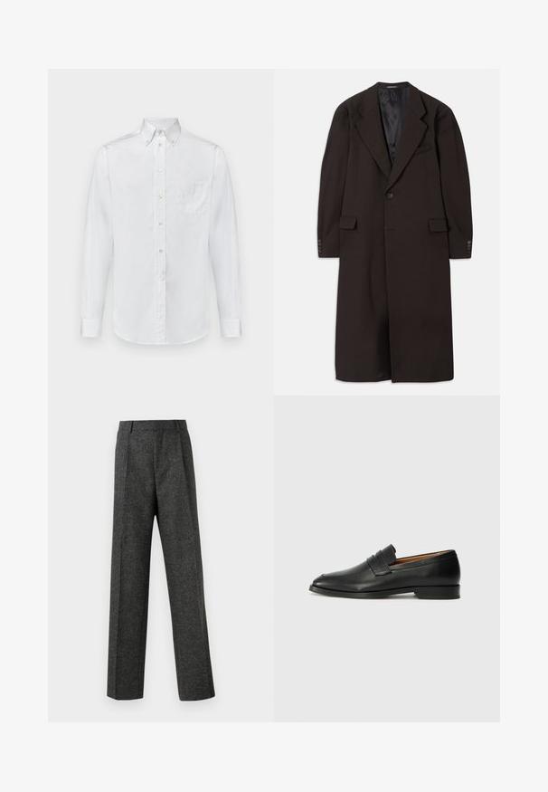 Długi brązowy płaszcz z kołnierzem z klapami, zapięciem na jeden guzik i bocznymi kieszeniami. Posiada gładką podszewkę i dopasowane rękawy z akcentami guzikowymi.; Biała koszula z długim rękawem, wykonana z bawełny, z kołnierzykiem zapinanym na guziki, pojedynczą kieszenią na piersi oraz gładką teksturą.; Szare spodnie o dopasowanym kroju wykonane z teksturowanej tkaniny, z dwoma fałdami z przodu i prostymi nogawkami. Brak widocznych kieszeni i zdobień.; Czarne skórzane mokasyny z zaokrąglonym noskiem, subtelnymi przeszyciami i niskim obcasem, charakteryzujące się gładką teksturą i minimalistycznym designem.
