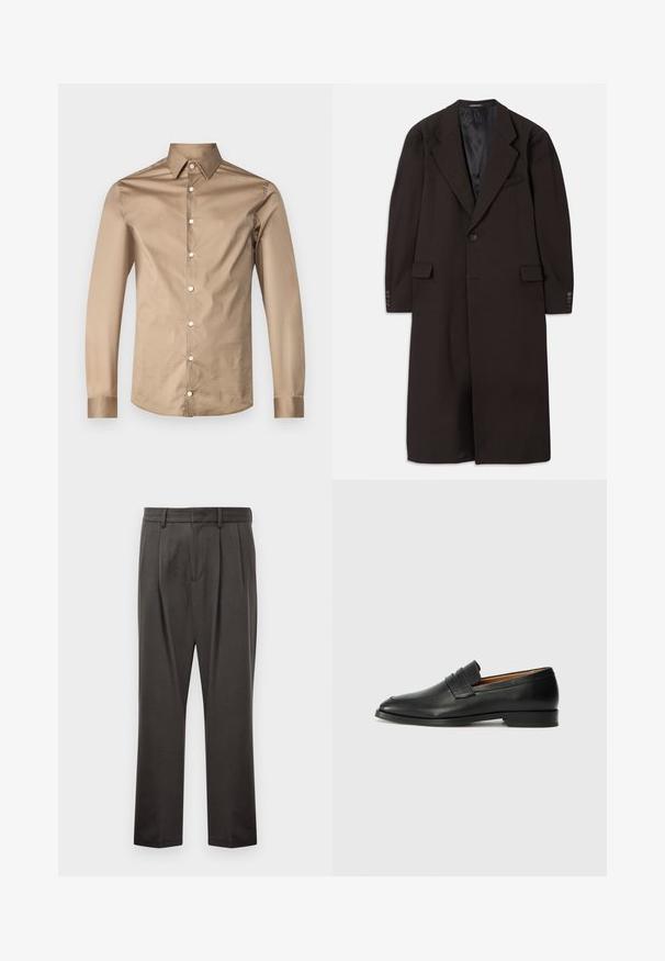 Garšīgs brūns mētelis ar līkumu apkakli, vienu pogu aizdari un sānu kabatām. Iekšējā odere ir gluda, bet piedurknes ir šūtas ar pogu akcentiem.; Tiger of Sweden FILBRODIE - Formāls krekls - light brown; Tumši pelēki bikses, izgatavotas no teksturēta auduma, ar taisnu priekšpusi, krokojumu, taisnām kājām un jostu cilpām. Nav redzamu metālu detaļu vai rakstu.; Melnas ādas loafers ar noapaļotu purngala formu, smalku izšuvumu un zemu papēdi, piedāvājot gludu tekstūru un minimālistisku dizainu.
