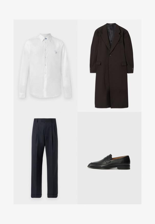 Abrigo largo marrón con cuello de solapa, cierre de un solo botón y bolsillos laterales. Presenta un forro interior suave y mangas ajustadas con detalles de botones.; Camisa blanca de manga larga en tejido suave, con un botón azul y un pequeño diseño bordado en el lado izquierdo. Parte delantera abotonada y cuello.; Tiger of Sweden TREYTON - Pantalones - dark ink; Mocasín de cuero negro con punta redonda, detalles de costura sutil y un tacón bajo, que presenta una textura suave y un diseño minimalista.