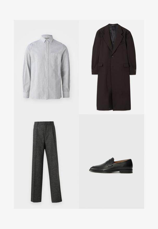 Long brown coat with a lapel collar, single button closure, and side pockets. Features a smooth inner lining and tailored sleeves with button accents.; Striped button-up shirt in light gray and white, cotton fabric, long sleeves, single chest pocket, classic collar, straight hem.; Gray tailored trousers made of textured fabric, featuring two front pleats and a straight-leg design. No visible pockets or embellishments.; Black leather loafer with a rounded toe, subtle stitched detailing, and a low heel, featuring a smooth texture and minimalist design.