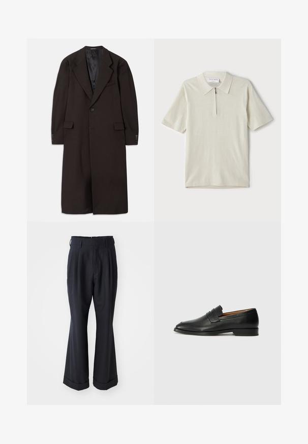 Dlhý hnedý kabát s klopovým golierom, zapínaním na jeden gombík a bočnými vreckami. Obsahuje hladkú podšívku a upravené rukávy s gombíkovými akcentmi.; Polo tričko s krátkymi rukávmi v svetlom béžovom odtieni so zipsom pri golieri. Vyrobené z hladkej látky, má jednoduchý, moderný dizajn bez vzorov.; Čierne nošené nohavice so voľným strihom, plisovaným predným dielom a širokými nohavicami. Majú manžetový lem a hladkú textúru látky.; Čierne kožené mokasíny s okrúhlou špičkou, jemným prešitím a nízkym podpätkom, s hladkou textúrou a minimalistickým dizajnom.