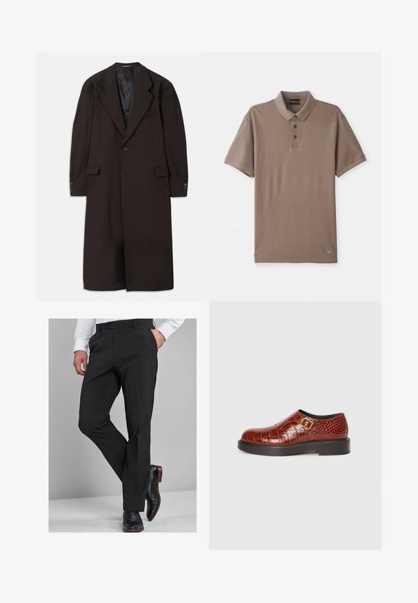 Lange bruine jas met een reverskraag, sluiting met één knoop en zijzakken. Heeft een gladde binnenvoering en nauwsluitende mouwen met knoopaccenten.; Bruine poloshirt met een gestructureerde afwerking, korte mouwen, drie zwarte knopen en een klein logo rechts onderaan.; Zwarte broek met een getailleerde pasvorm, met een gladde textuur, rechte pijpen en riemlussen, gecombineerd met gepolijste zwarte dresschoenen.; Bruine leren schoenen met een krokodillenstructuur, voorzien van een vierkante gouden gesp, een gladde ronde neus en een dikke zwarte zool.