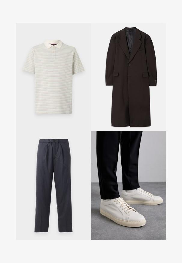 Lange bruine jas met een reverskraag, sluiting met één knoop en zijzakken. Heeft een gladde binnenvoering en nauwsluitende mouwen met knoopaccenten.; Gestreepte polo in lichtbeige met pastel horizontale lijnen. Heeft een effen witte kraag en een placket met twee knopen. Korte mouwen.; Donkerblauwe broeken van zachte stof met een geplooid voorkantontwerp en een elastische tailleband. Voorzien van een knoopsluiting en een rechte pijp.; Lichtbeige leren sneakers met platte veters, een gestructureerd oppervlak en een contrasterende crème-kleurige rubberen zool, gecombineerd met zwarte taps toelopende broek.
