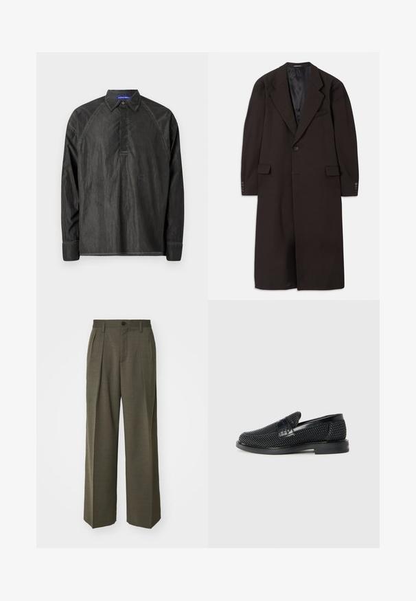 Hosszú barna kabát, hajtókás gallérral, egységes gombos záródással és oldalsó zsebekkel. Simább bélés jellemzi, valamint szabott ujjak gombdíszítéssel.; Hosszú ujjú, fekete ing, könnyű anyagból készült, galléros dizájnnal, gombos kivágással és diszkrét logóval hímezve a mellen.; Filippa K WIDE TROUSERS - Nadrágok - driftwood; Fekete szőtt slip-on cipő sima bőr díszítéssel a felsőrészen, kerek orral és alacsony profilos gumitalppal.
