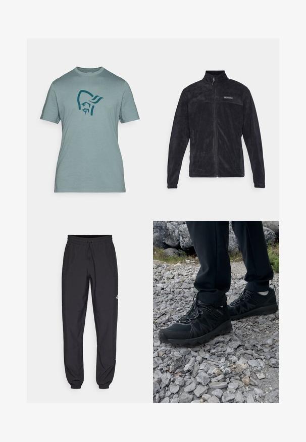 Musta fleece-takki, jossa on vetoketjukiinnitys, korkea kaulus ja osittainen logo rinnassa. Sileä rakenne ja pitkät hihat.; Lyhythihainen, vaaleansinisestä pehmeästä kankaasta valmistettu t-paita, jossa on edessä tummansinisestä graafikuvasta stylisoitu henkilöhahmo.; Mustat urheiluhousut, jotka on valmistettu kevyestä kankaasta. Housuissa on naru vyötäröllä, sivutaskut ja kapenevat hihnat nilkoissa.; Mustat ulkokengät, joissa on verkko- ja synteettinen materiaali, teksturoitu päällinen, varma nauhoitusjärjestelmä ja kestävä pohja kivikkoisella maastolla.