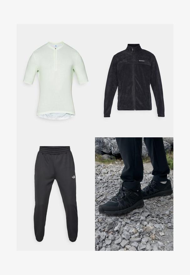Crna flis jakna s patentnim zatvaračem, visokim ovratnikom i djelomičnim logotipom na prsima. Glatka tekstura i duži rukavi.; Svijetlozelena kratka majica s kratkim rukavima, visokim ovratnikom, zatvaranjem na pola zatvarača i prilagođenim krojem. Ima glatku tkaninu s blagom teksturom.; Crne trenirke s elastičnom trakicom u struku, suženog kroja, elastičnim manžetama i malim bijelim logom na lijevom bedru, izrađene od glatkog materijala.; Crne vanjske cipele s mrežastim i sintetičkim materijalom, s teksturiranim gornjim dijelom, osiguranim sustavom vezanja i čvrstim potplatom, na stjenovitom terenu.